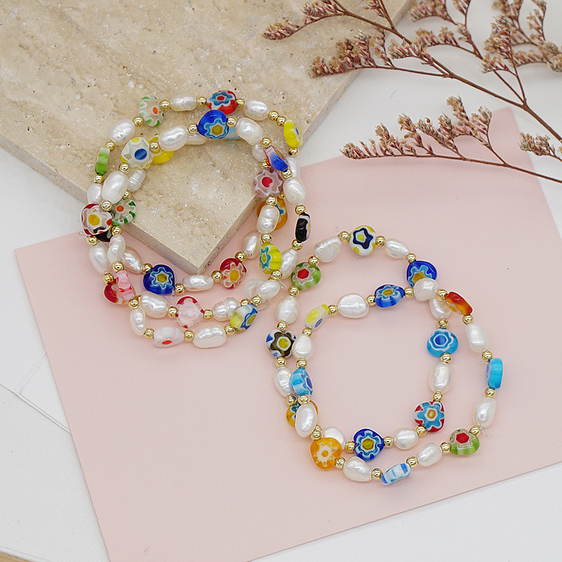 Korean Style Dongdaemun Same Style Flower Glass Freshwater Pearl Bracelet Elastic String Beaded Bracelet Color Bracelet for Women Korean Style Dongdaemun Same Style Flower Glass Freshwater Pearl Bracelet Elastic String Beaded Bracelet Color Bracelet for Women