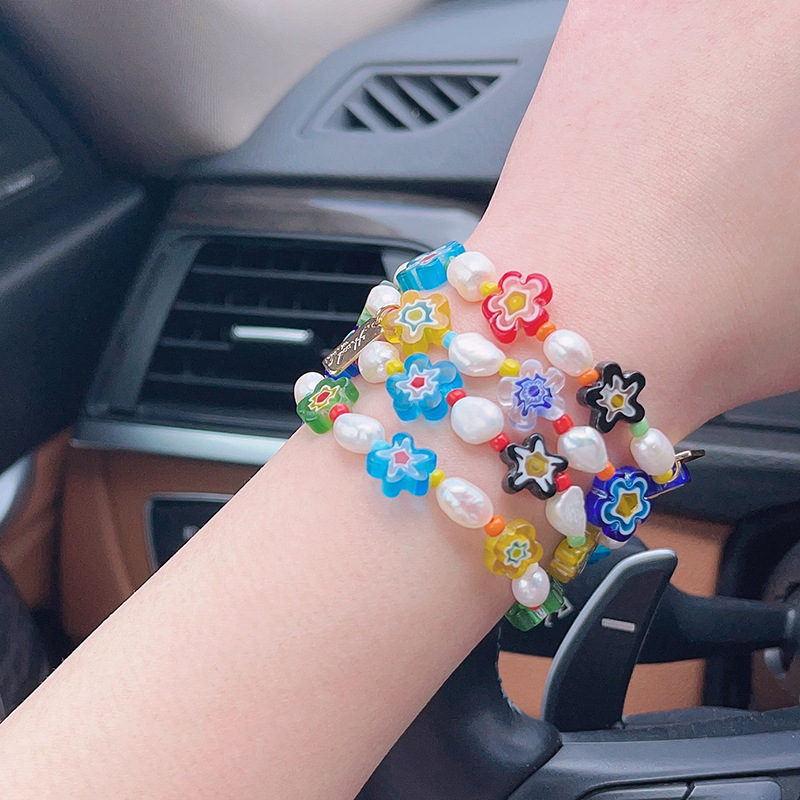 Korean Style Dongdaemun Same Style Flower Glass Freshwater Pearl Bracelet Elastic String Beaded Bracelet Color Bracelet for Women Korean Style Dongdaemun Same Style Flower Glass Freshwater Pearl Bracelet Elastic String Beaded Bracelet Color Bracelet for Women