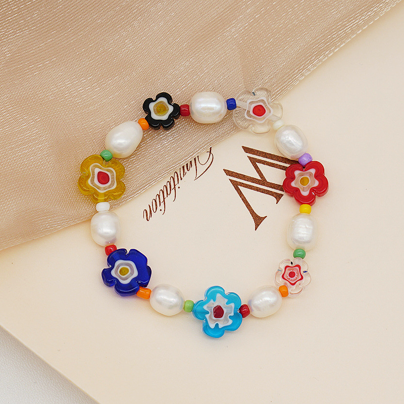 Korean Style Dongdaemun Same Style Flower Glass Freshwater Pearl Bracelet Elastic String Beaded Bracelet Color Bracelet for Women Korean Style Dongdaemun Same Style Flower Glass Freshwater Pearl Bracelet Elastic String Beaded Bracelet Color Bracelet for Women