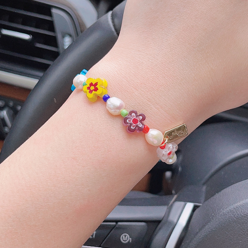 Korean Style Dongdaemun Same Style Flower Glass Freshwater Pearl Bracelet Elastic String Beaded Bracelet Color Bracelet for Women Korean Style Dongdaemun Same Style Flower Glass Freshwater Pearl Bracelet Elastic String Beaded Bracelet Color Bracelet for Women