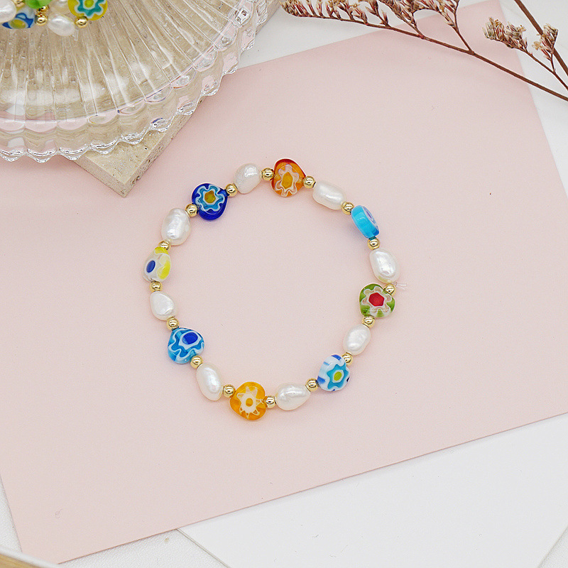 Korean Style Dongdaemun Same Style Flower Glass Freshwater Pearl Bracelet Elastic String Beaded Bracelet Color Bracelet for Women Korean Style Dongdaemun Same Style Flower Glass Freshwater Pearl Bracelet Elastic String Beaded Bracelet Color Bracelet for Women