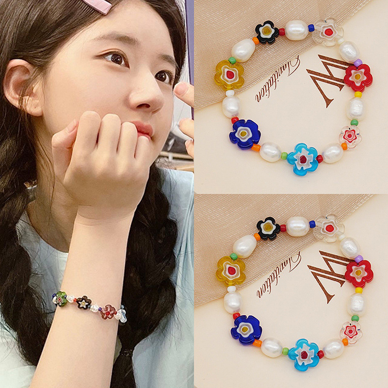 Korean Style Dongdaemun Same Style Flower Glass Freshwater Pearl Bracelet Elastic String Beaded Bracelet Color Bracelet for Women Korean Style Dongdaemun Same Style Flower Glass Freshwater Pearl Bracelet Elastic String Beaded Bracelet Color Bracelet for Women