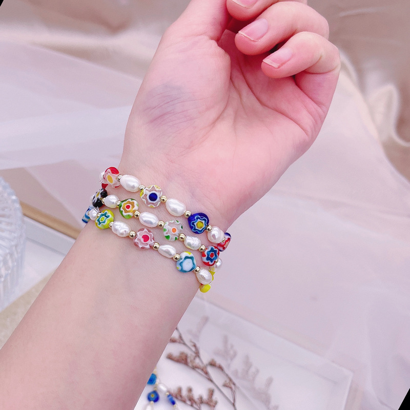 Korean Style Dongdaemun Same Style Flower Glass Freshwater Pearl Bracelet Elastic String Beaded Bracelet Color Bracelet for Women Korean Style Dongdaemun Same Style Flower Glass Freshwater Pearl Bracelet Elastic String Beaded Bracelet Color Bracelet for Women