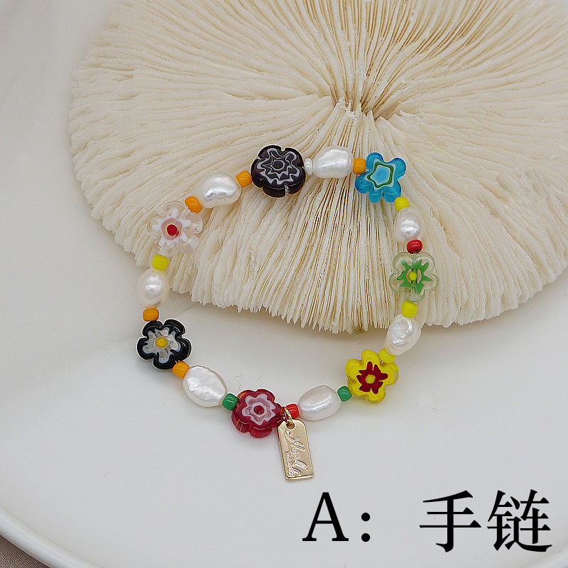 Korean Style Dongdaemun Same Style Flower Glass Freshwater Pearl Bracelet Elastic String Beaded Bracelet Color Bracelet for Women Korean Style Dongdaemun Same Style Flower Glass Freshwater Pearl Bracelet Elastic String Beaded Bracelet Color Bracelet for Women