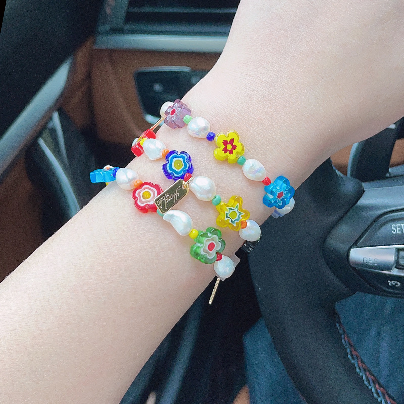 Korean Style Dongdaemun Same Style Flower Glass Freshwater Pearl Bracelet Elastic String Beaded Bracelet Color Bracelet for Women Korean Style Dongdaemun Same Style Flower Glass Freshwater Pearl Bracelet Elastic String Beaded Bracelet Color Bracelet for Women