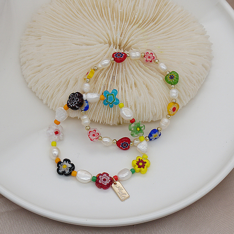 Korean Style Dongdaemun Same Style Flower Glass Freshwater Pearl Bracelet Elastic String Beaded Bracelet Color Bracelet for Women Korean Style Dongdaemun Same Style Flower Glass Freshwater Pearl Bracelet Elastic String Beaded Bracelet Color Bracelet for Women