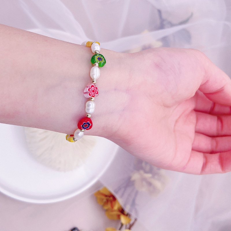 Korean Style Dongdaemun Same Style Flower Glass Freshwater Pearl Bracelet Elastic String Beaded Bracelet Color Bracelet for Women Korean Style Dongdaemun Same Style Flower Glass Freshwater Pearl Bracelet Elastic String Beaded Bracelet Color Bracelet for Women