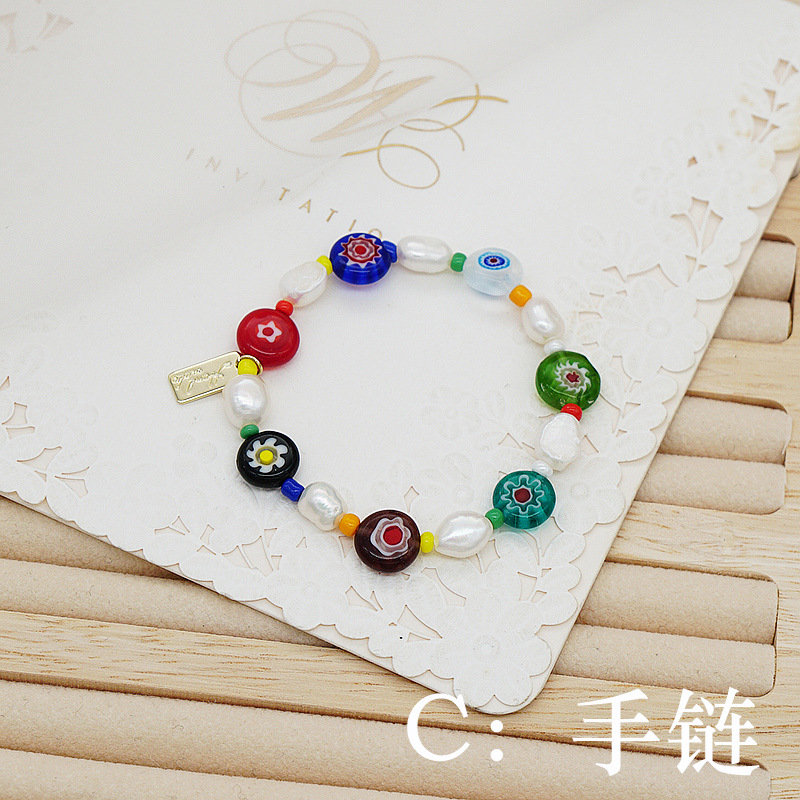 Korean Style Dongdaemun Same Style Flower Glass Freshwater Pearl Bracelet Elastic String Beaded Bracelet Color Bracelet for Women Korean Style Dongdaemun Same Style Flower Glass Freshwater Pearl Bracelet Elastic String Beaded Bracelet Color Bracelet for Women