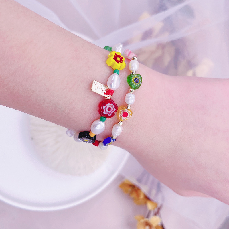 Korean Style Dongdaemun Same Style Flower Glass Freshwater Pearl Bracelet Elastic String Beaded Bracelet Color Bracelet for Women Korean Style Dongdaemun Same Style Flower Glass Freshwater Pearl Bracelet Elastic String Beaded Bracelet Color Bracelet for Women