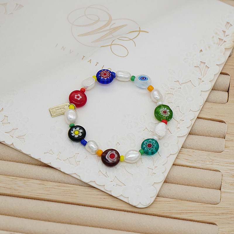 Korean Style Dongdaemun Same Style Flower Glass Freshwater Pearl Bracelet Elastic String Beaded Bracelet Color Bracelet for Women Korean Style Dongdaemun Same Style Flower Glass Freshwater Pearl Bracelet Elastic String Beaded Bracelet Color Bracelet for Women