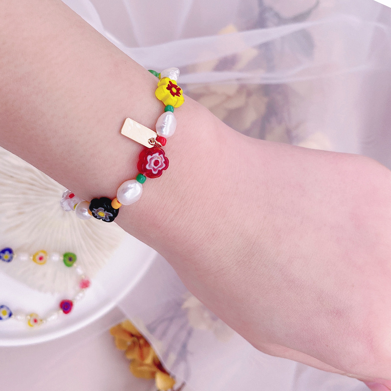 Korean Style Dongdaemun Same Style Flower Glass Freshwater Pearl Bracelet Elastic String Beaded Bracelet Color Bracelet for Women Korean Style Dongdaemun Same Style Flower Glass Freshwater Pearl Bracelet Elastic String Beaded Bracelet Color Bracelet for Women