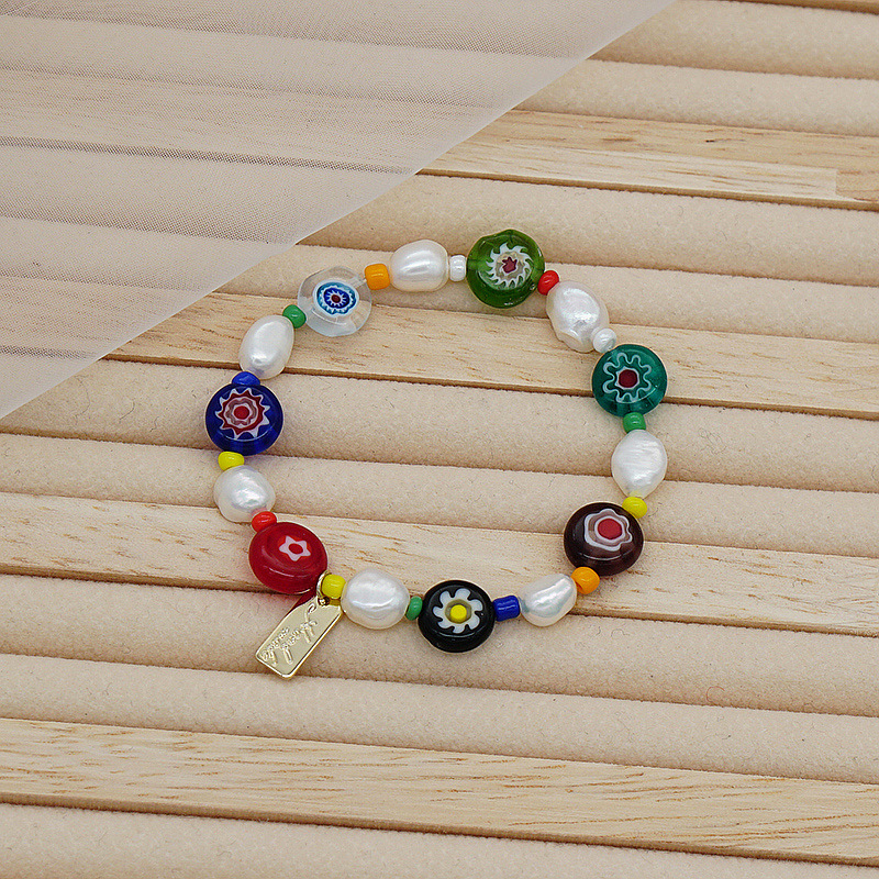 Korean Style Dongdaemun Same Style Flower Glass Freshwater Pearl Bracelet Elastic String Beaded Bracelet Color Bracelet for Women Korean Style Dongdaemun Same Style Flower Glass Freshwater Pearl Bracelet Elastic String Beaded Bracelet Color Bracelet for Women