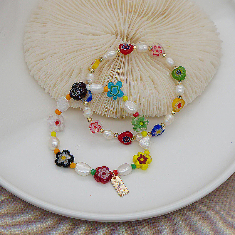 Korean Style Dongdaemun Same Style Flower Glass Freshwater Pearl Bracelet Elastic String Beaded Bracelet Color Bracelet for Women Korean Style Dongdaemun Same Style Flower Glass Freshwater Pearl Bracelet Elastic String Beaded Bracelet Color Bracelet for Women