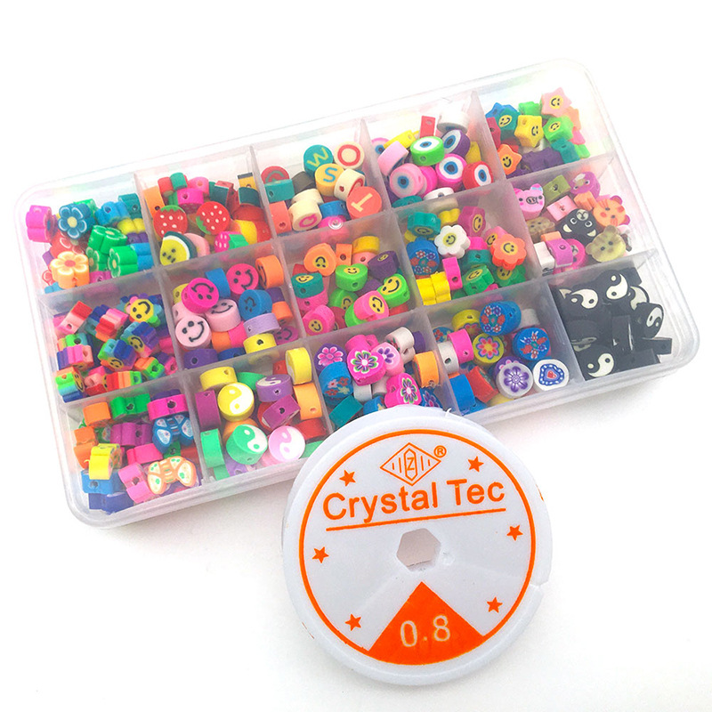 Mixed Boxed 370 PCs Polymer Clay Punch Slice Smiley Fruit Flat Beads Elastic String DIY Bracelet Necklace Accessories