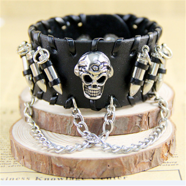 from AliExpress European and American Ornament Retro Punk Bullet Skull Chain Bracelet Cattle Leather Bracelet