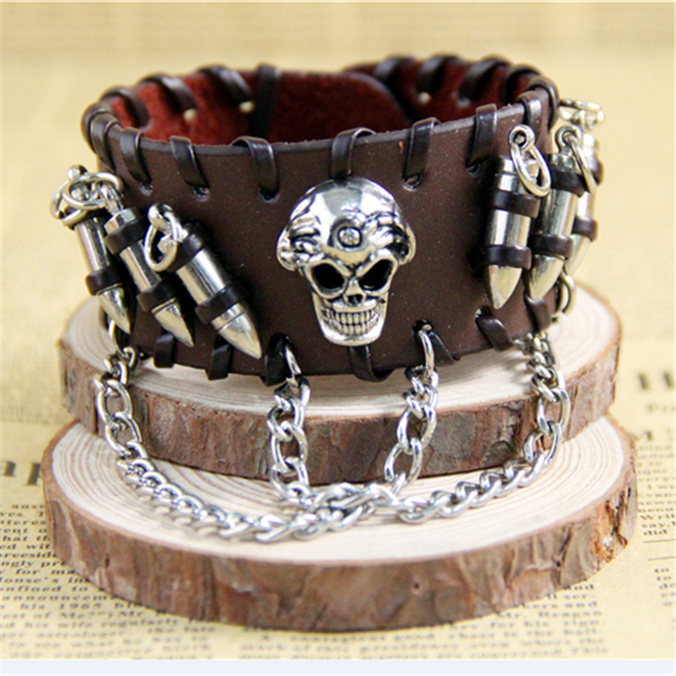 from AliExpress European and American Ornament Retro Punk Bullet Skull Chain Bracelet Cattle Leather Bracelet