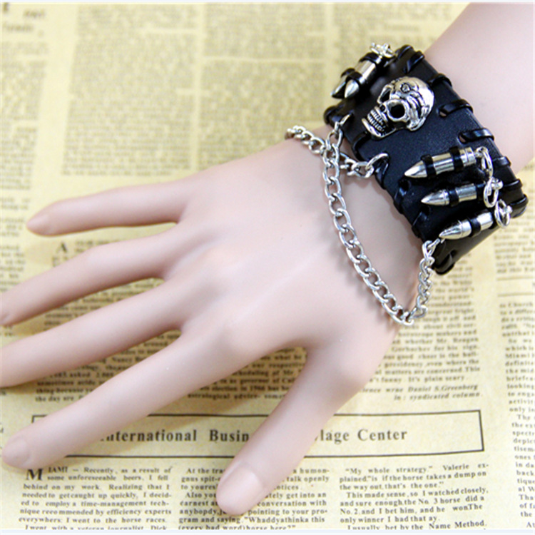 from AliExpress European and American Ornament Retro Punk Bullet Skull Chain Bracelet Cattle Leather Bracelet