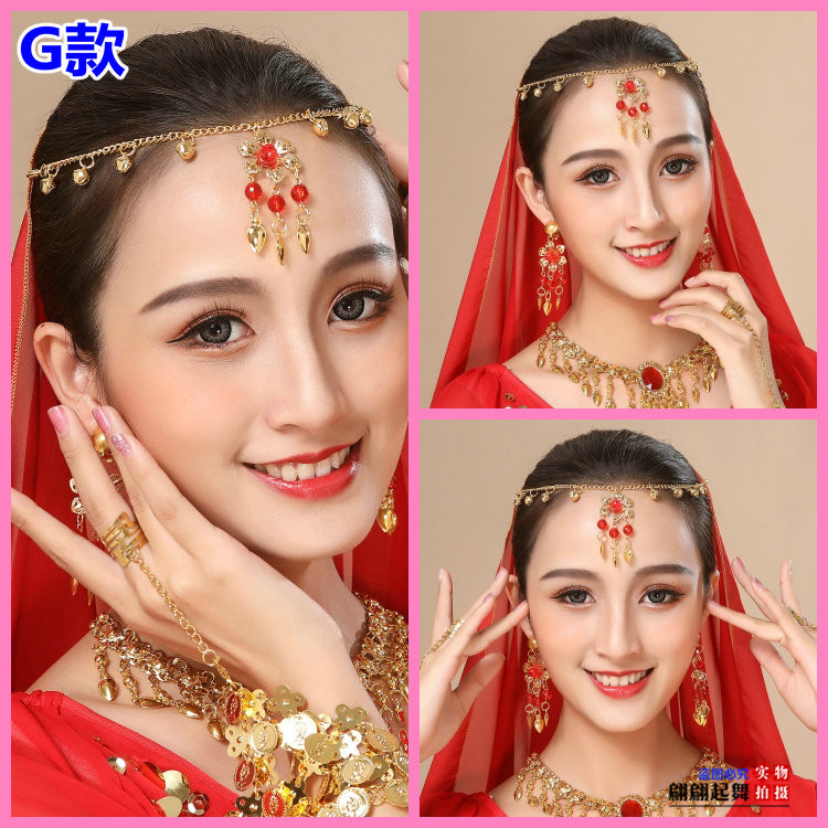 Dance Performance Accessories Headdress Belly Dance Veil Necklace Earring Bracelet Hanging Coin Gem Red Bead Head Chain