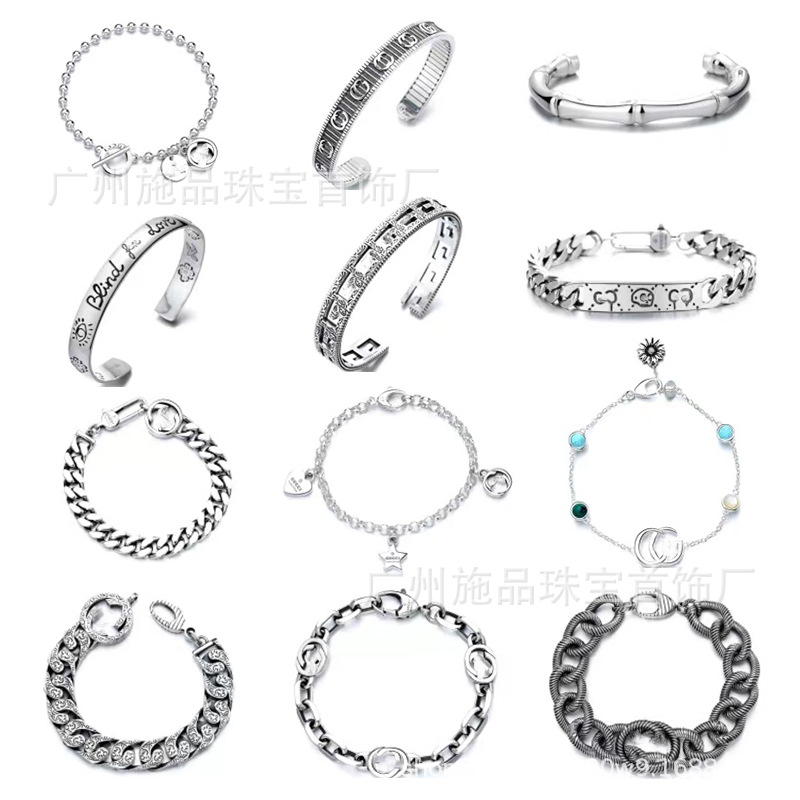 Gujia S925 Silver Bracelet Vintage Distressed Men and Women Couple Double G Skull Elf Bracelet Pattern Carved Bracelet