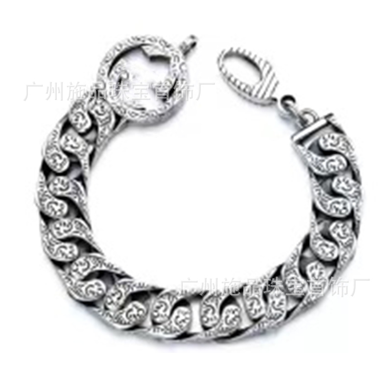 Gujia S925 Silver Bracelet Vintage Distressed Men and Women Couple Double G Skull Elf Bracelet Pattern Carved Bracelet