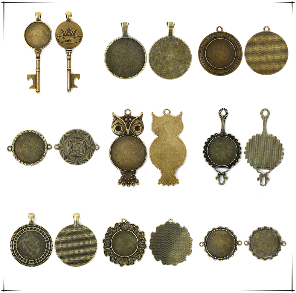 DIY Ornament Accessories round Time Gem Cabochon Necklace Pendant Collet Key Owl Shape Alloy Base