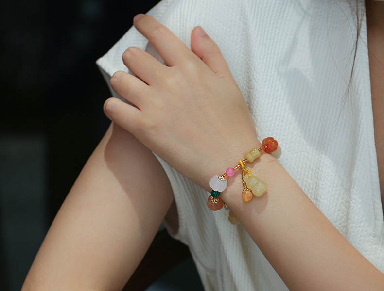 Qiyi Natural Xinjiang Jinsi Jade Bracelet Couple Ethnic Style Pumpkin Beads Bamboo Hanging Gourd Topaz Bracelet