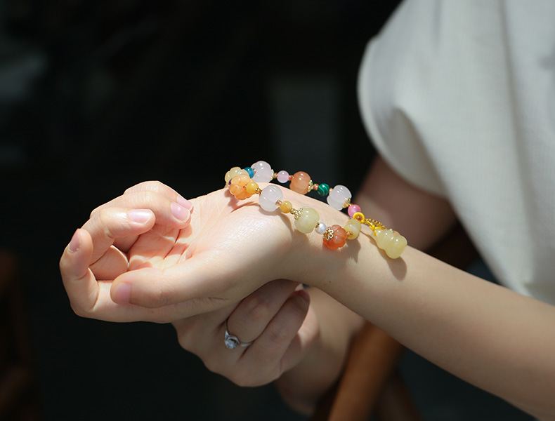 Qiyi Natural Xinjiang Jinsi Jade Bracelet Couple Ethnic Style Pumpkin Beads Bamboo Hanging Gourd Topaz Bracelet