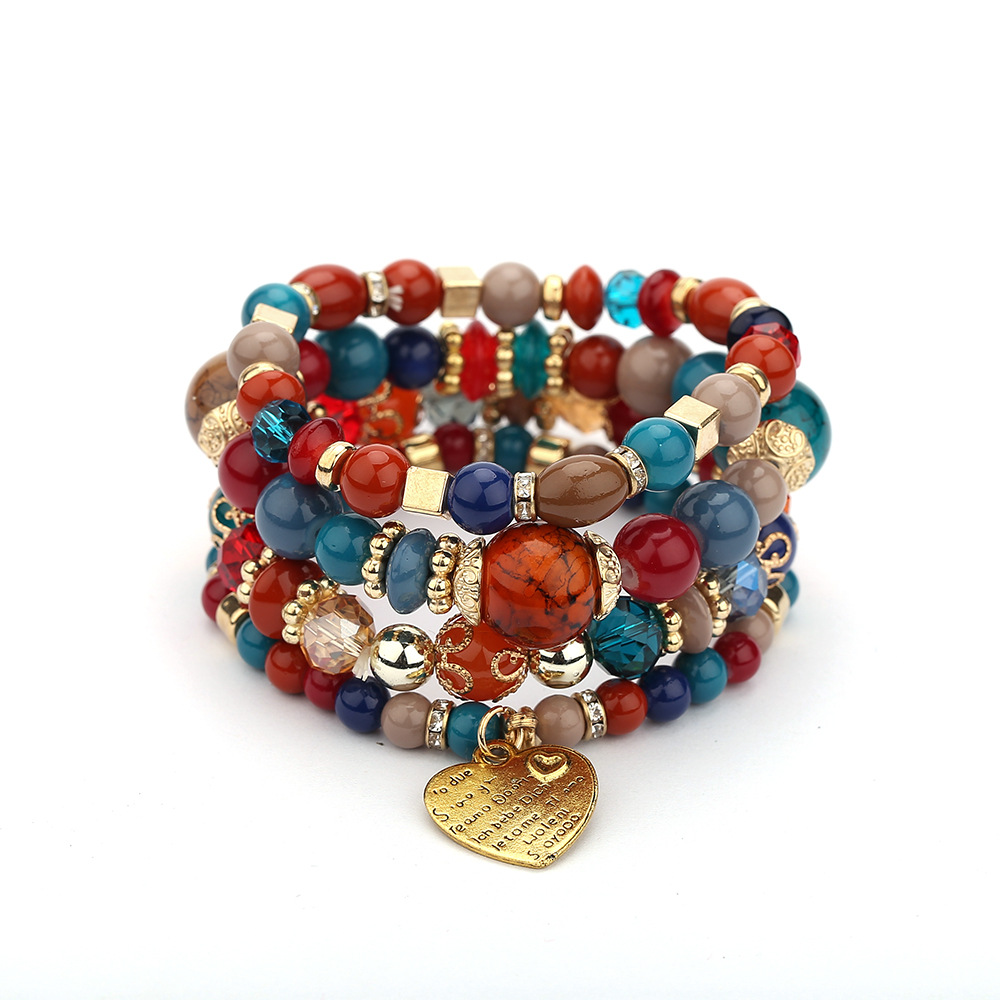 European and American Fashion Bohemian Ethnic Style Multi-Layer Bracelet Crystal Peach Heart Beaded Ladies Hand Jewelry Wholesale