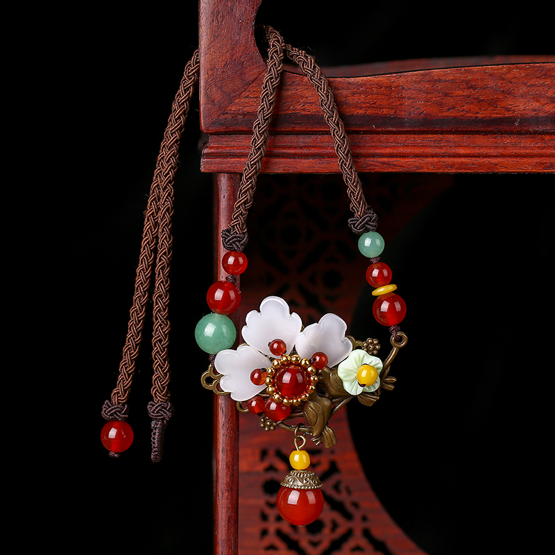 Ethnic Style Flower Shell Patch Necklace Black Agate Red Shell Pearls Retro Temperament Wild Super Fairy Clavicle Chain Necklace for Women