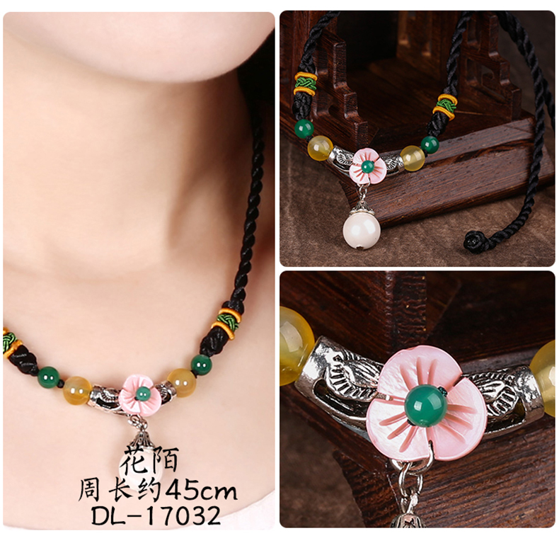 Ethnic Style Flower Shell Patch Necklace Black Agate Red Shell Pearls Retro Temperament Wild Super Fairy Clavicle Chain Necklace for Women