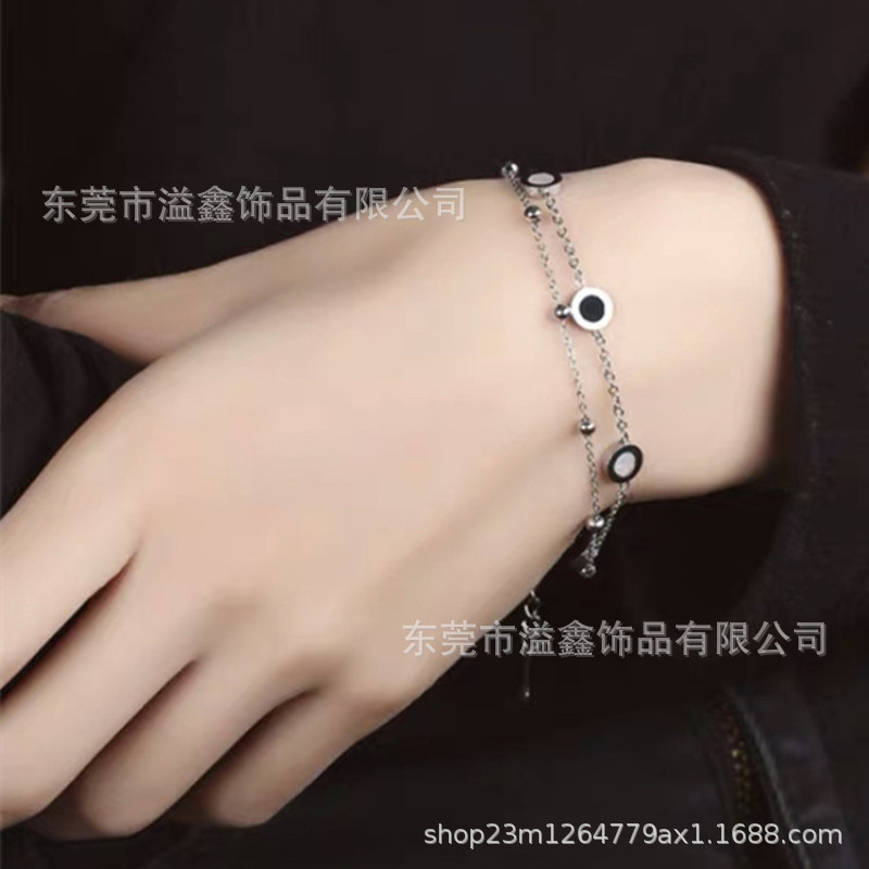 Hot Sale DIY Rose Gold Black Agate White Shell Double Layer Stainless Steel Bracelet European and American Simple Hand Jewelry Large Quantity Excellent