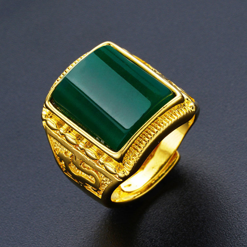 Vietnam Placer Gold Ring with Green Agate Red and Black Gem Men&#039;s and Women&#039;s Domineering Non-Fading Ring Open Dragon Ring