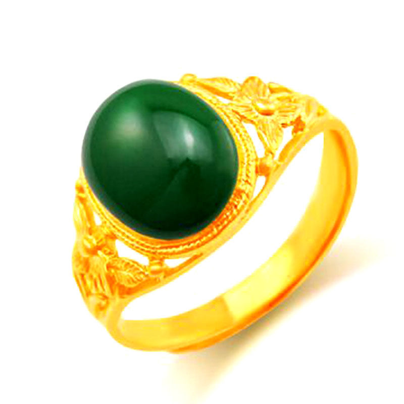 Vietnam Placer Gold Ring with Green Agate Red and Black Gem Men's and Women's Domineering Non-Fading Ring Open Dragon Ring