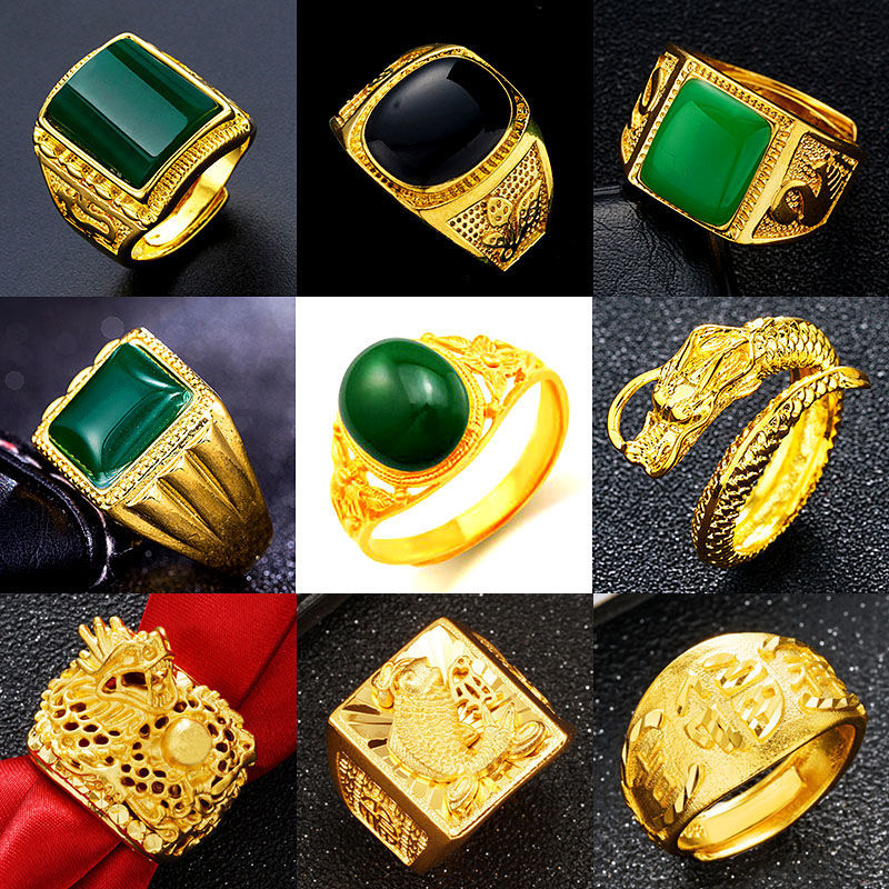 Vietnam Placer Gold Ring with Green Agate Red and Black Gem Men&#039;s and Women&#039;s Domineering Non-Fading Ring Open Dragon Ring