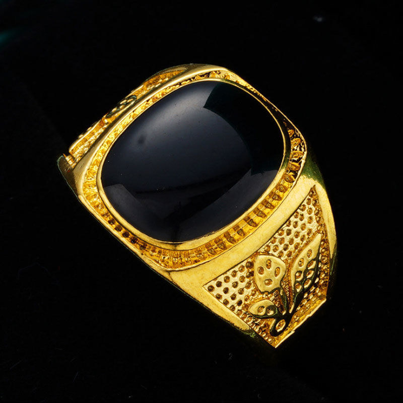 Vietnam Placer Gold Ring with Green Agate Red and Black Gem Men's and Women's Domineering Non-Fading Ring Open Dragon Ring
