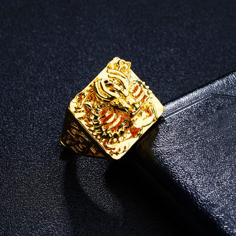 Vietnam Placer Gold Ring with Green Agate Red and Black Gem Men's and Women's Domineering Non-Fading Ring Open Dragon Ring