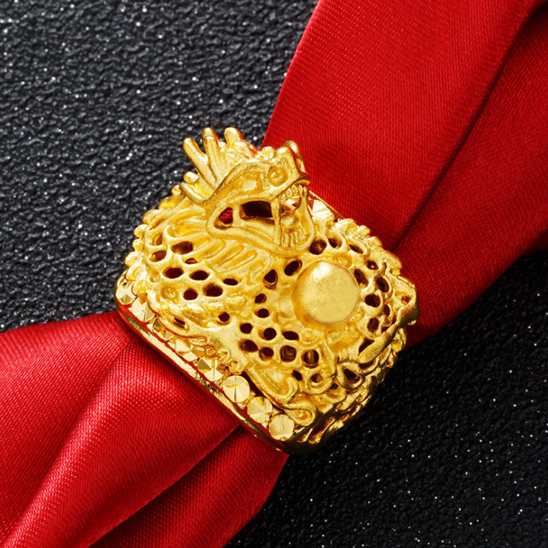 Vietnam Placer Gold Ring with Green Agate Red and Black Gem Men's and Women's Domineering Non-Fading Ring Open Dragon Ring
