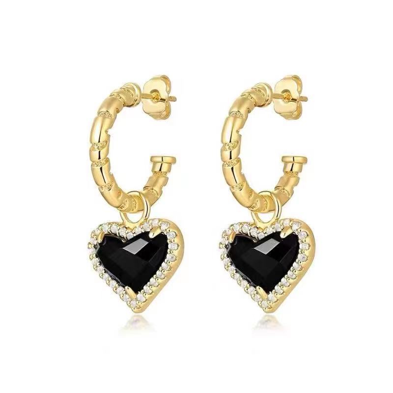 Black Agate Malachite Copper Plating 18K Gold Temperament Stud Earrings High Quality Women&#039;s New Love Pendant Earrings Retro