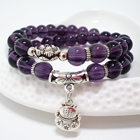 Crystal Bracelet Amethyst Black Agate Cute Kitten Painting Oil Leaves Multi-Layer Bracelet Hand Jewelry