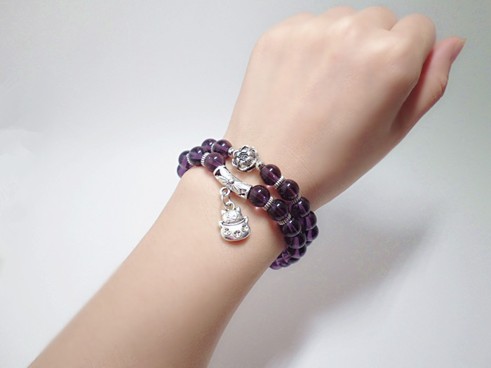 Crystal Bracelet Amethyst Black Agate Cute Kitten Painting Oil Leaves Multi-Layer Bracelet Hand Jewelry