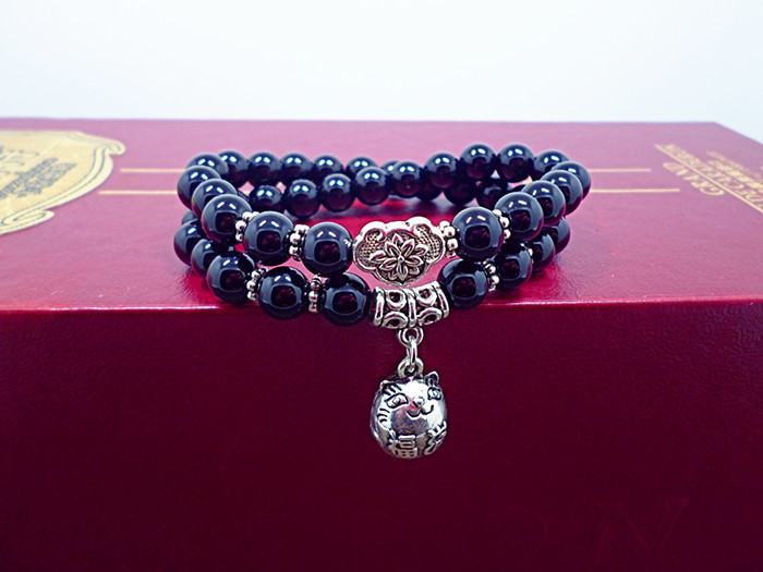 Crystal Bracelet Amethyst Black Agate Cute Kitten Painting Oil Leaves Multi-Layer Bracelet Hand Jewelry
