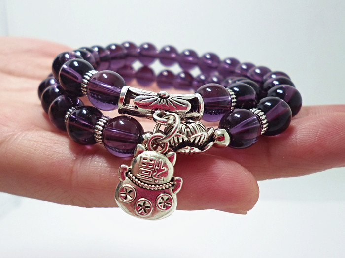 Crystal Bracelet Amethyst Black Agate Cute Kitten Painting Oil Leaves Multi-Layer Bracelet Hand Jewelry
