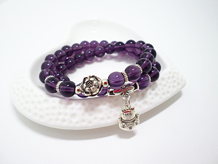 Crystal Bracelet Amethyst Black Agate Cute Kitten Painting Oil Leaves Multi-Layer Bracelet Hand Jewelry