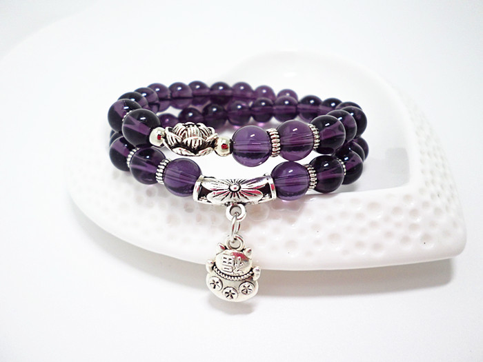 Crystal Bracelet Amethyst Black Agate Cute Kitten Painting Oil Leaves Multi-Layer Bracelet Hand Jewelry