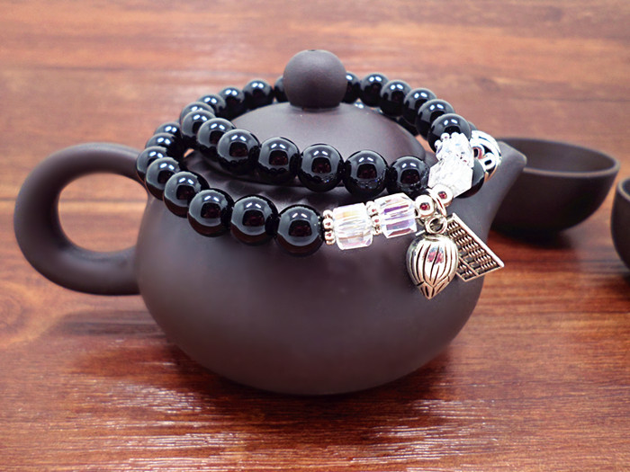 Crystal Bracelet Amethyst Black Agate Cute Kitten Painting Oil Leaves Multi-Layer Bracelet Hand Jewelry