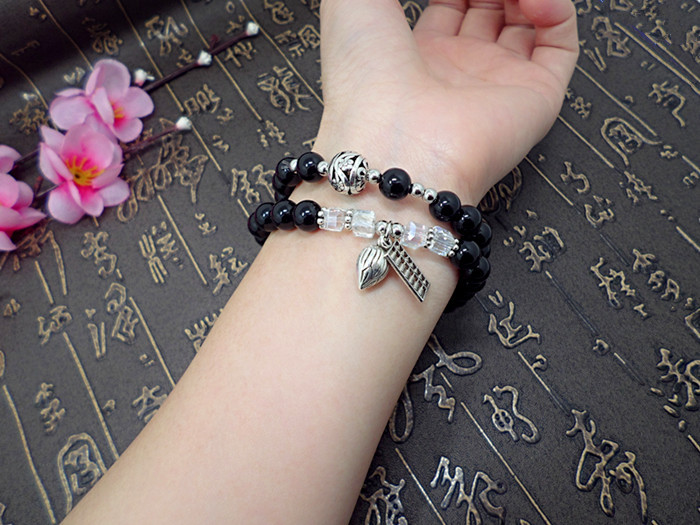 Crystal Bracelet Amethyst Black Agate Cute Kitten Painting Oil Leaves Multi-Layer Bracelet Hand Jewelry