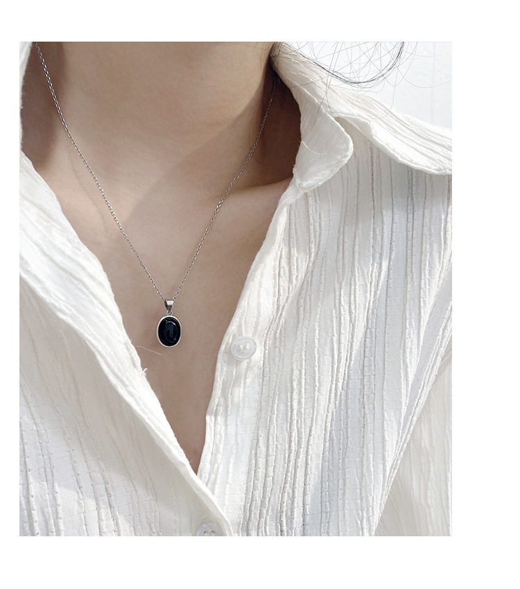 Korean Style S925 Sterling Silver Black Agate Pendant Necklace Women's Summer Light Luxury Minority Clavicle Advanced Design Simple All-Match