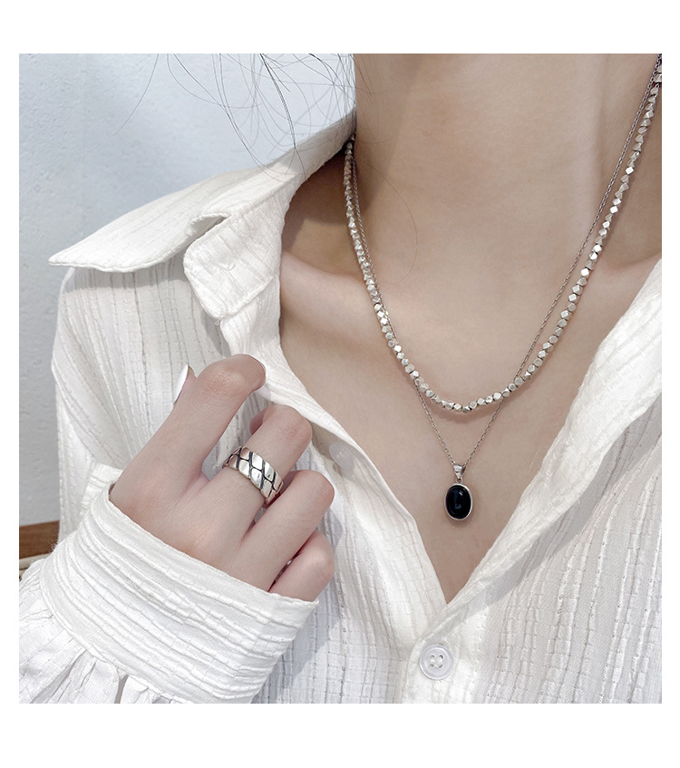 Korean Style S925 Sterling Silver Black Agate Pendant Necklace Women's Summer Light Luxury Minority Clavicle Advanced Design Simple All-Match
