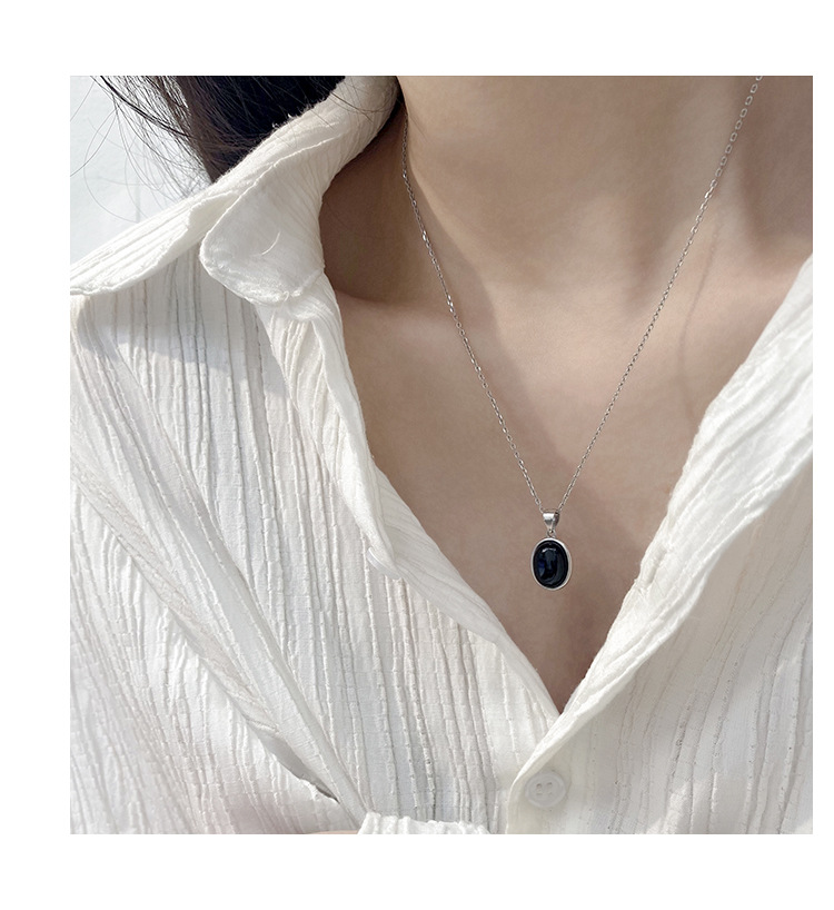 Korean Style S925 Sterling Silver Black Agate Pendant Necklace Women's Summer Light Luxury Minority Clavicle Advanced Design Simple All-Match