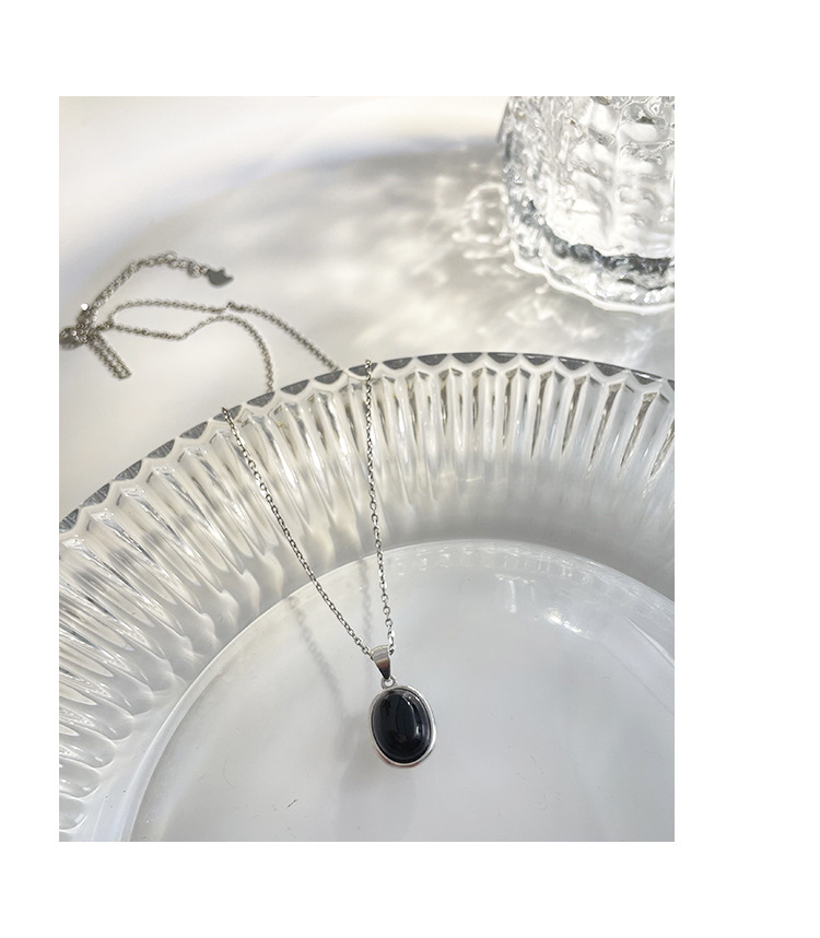 Korean Style S925 Sterling Silver Black Agate Pendant Necklace Women's Summer Light Luxury Minority Clavicle Advanced Design Simple All-Match